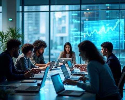 Team collaborating in high-tech space