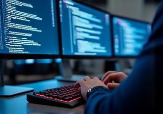 Developer coding on multiple screens
